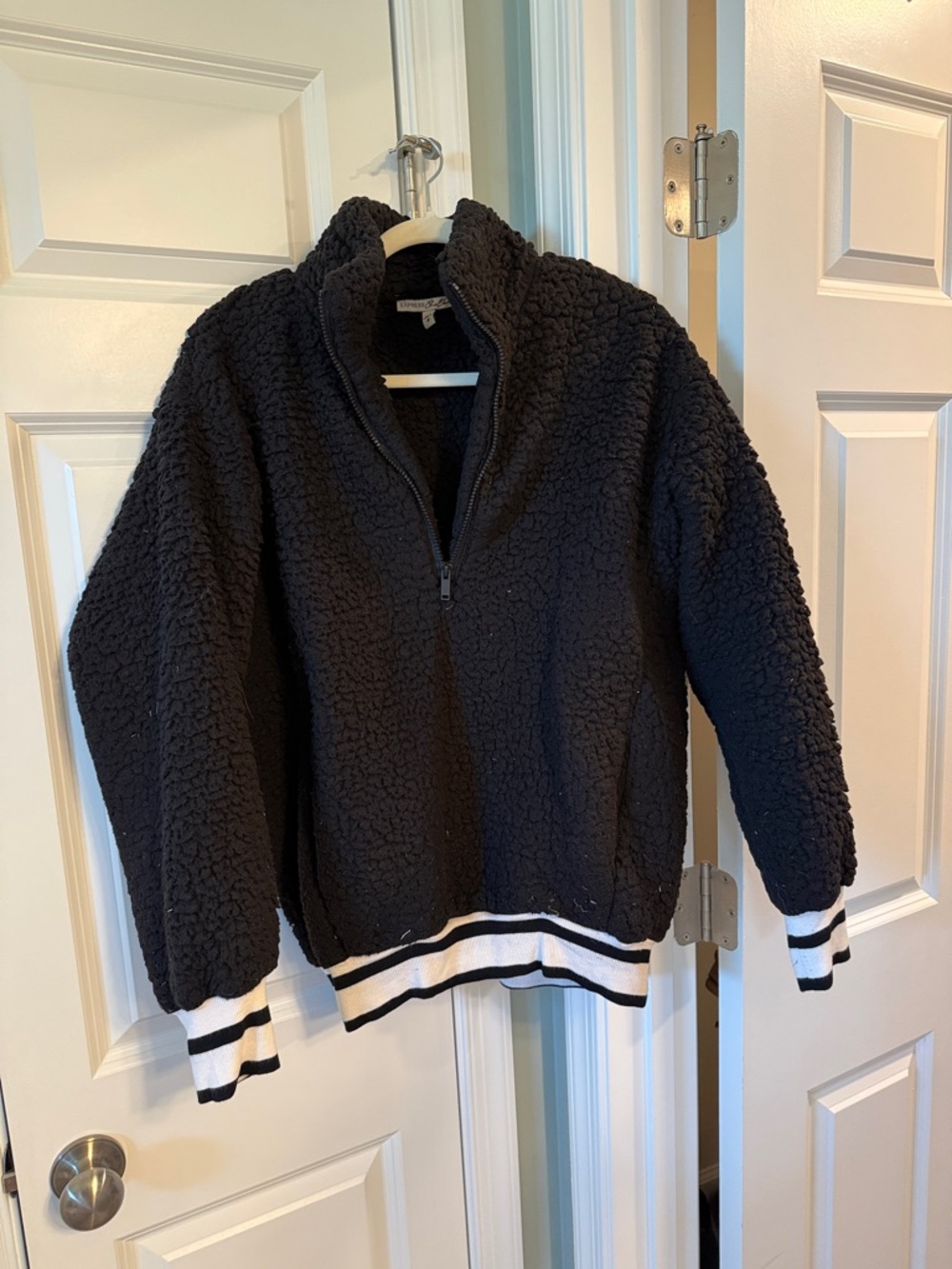 Express Black Teddy Sherpa Jacket with Striped Cuffs